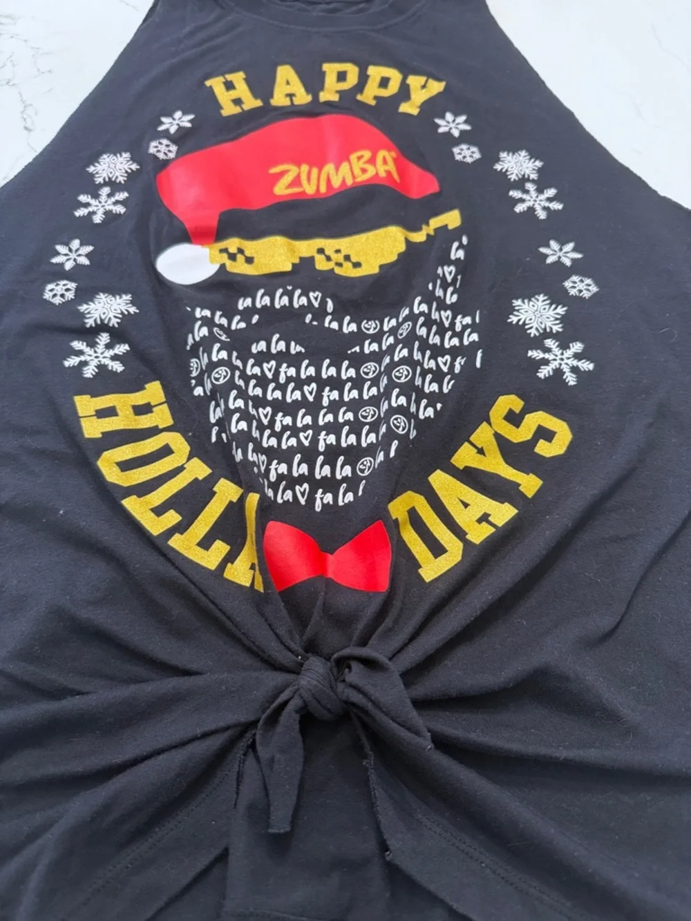 Zumba Fitness Black Holiday Graphic Tank with Red Santa Hat and Yellow Accents